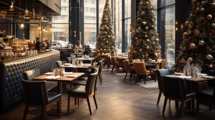 Foto op Plexiglas Modern and contemporary cafe with Christmas tree decorated for Christmas and New Year in the city. © sirisakboakaew
