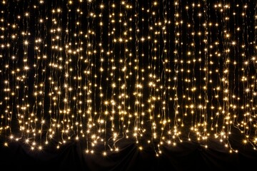 Gold Twinkle Christmas string lights on black background. Defocused Glowing light bulb garland. Generative AI - obrazy, fototapety, plakaty