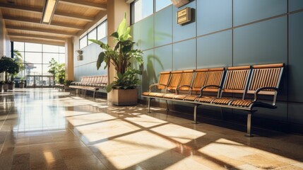 Inside the airport building lobby with bench seating. At the international airport