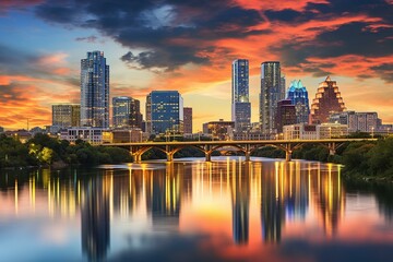 City view of Austin, Texas beside the Colorado River against the skyline. Generative AI - obrazy, fototapety, plakaty