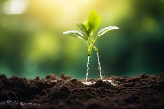 Watering a plant, environmental preservation on Earth Day. Plant growth through forester planting. Watering sprouts from watering can. Focus on saving and business profit. Generative AI