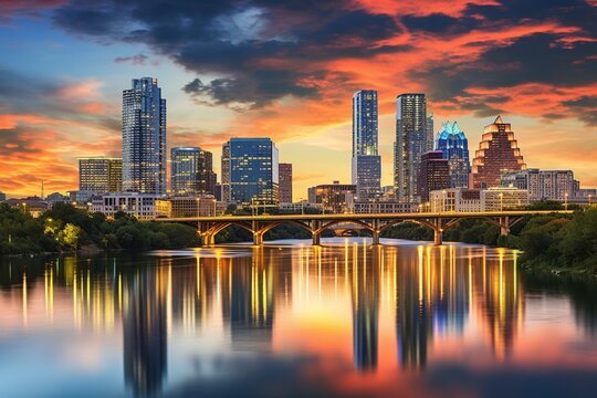 City view of Austin, Texas beside the Colorado River against the skyline. Generative AI