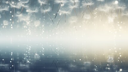 dandelion seeds on blue background with copy space