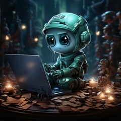 Money making robot w a laptop screen and a robot computer on screen, in the style of dark emerald and light cyan, french realism - generative AI