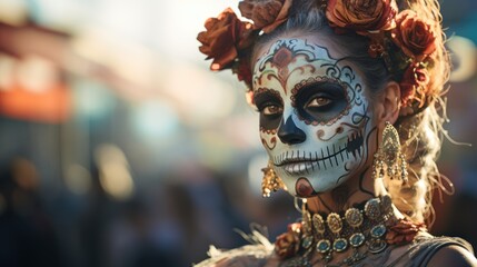 a woman wearing beautiful Day of the Dead costumes and skull makeup at Festival