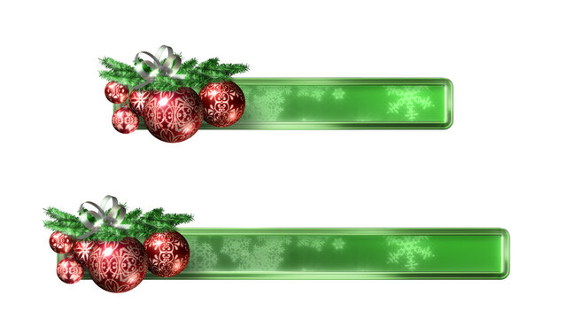 Christmas banners or lower-thirds, transparent PNG design elements. 3D illustration. Two sizes. Red and green baubles.