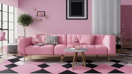 Modern living room interior with pink sofa.