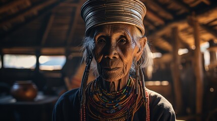 a long-necked Karen woman at a hill tribe village Tribes in Thailand - obrazy, fototapety, plakaty