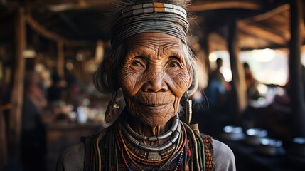 a long-necked Karen woman at a hill tribe village Tribes in Thailand - obrazy, fototapety, plakaty