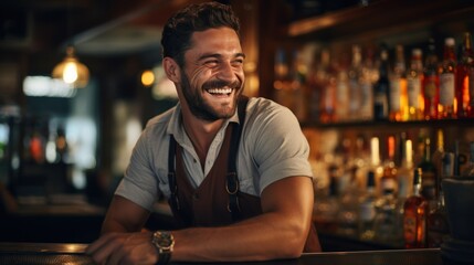 Photograph of Smiling portrait of a young caucasian bartender working behind a bar - obrazy, fototapety, plakaty