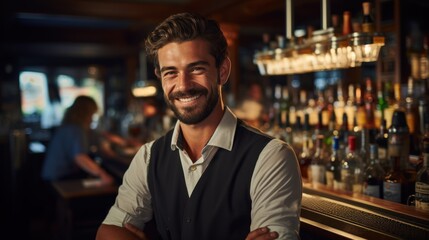 Photograph of Smiling portrait of a young caucasian bartender working behind a bar