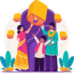 Indian Family Releasing Lanterns Into the Sky to Celebrate Diwali Festival of Lights