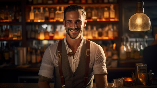 Photograph of Smiling portrait of a young caucasian bartender working behind a bar