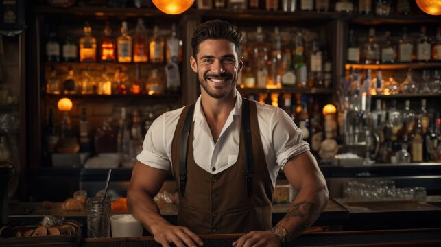 Photograph of Smiling portrait of a young caucasian bartender working behind a bar