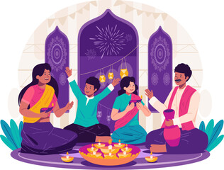 Happy Diwali Greetings. Indian Family Celebrate Diwali, the Traditional Hindu Festival of Lights