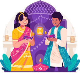 Happy Diwali Greetings. Indian Couple Holding Lit Oil Lamps or Diya. Hindu Traditional Festival of Lights