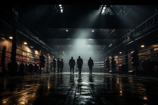 Boxing gym filled with sweat and determination as fighters train and spar, Generative AI