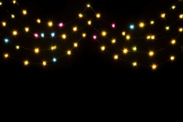 Fototapeta na wymiar Gold Twinkle Christmas string lights on black background. Defocused Glowing light bulb garland. Generative AI