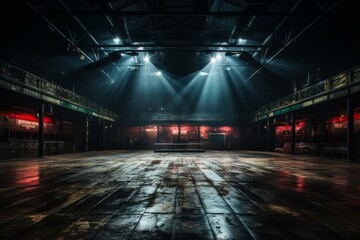  Boxing ring bathed in dramatic spotlight awaiting the fighters to step into the arena, Generative AI - obrazy, fototapety, plakaty