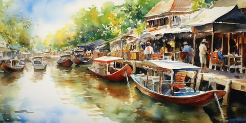 watercolor painting Amphawa Floating market, Amphawa, Thailand generative ai