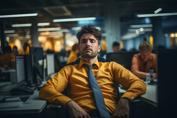 Naklejka premium Overtime, fatigue, burnout. Tired sleeping office worker at workplace