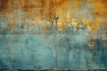Rusty metal texture. Old painted iron surface. Yellow orange blue abstract background. Cracked peeling paint. Colorful background for design. web design.