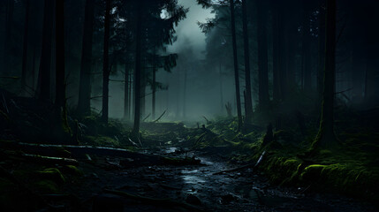 Moonlit Forest with Rising Mist