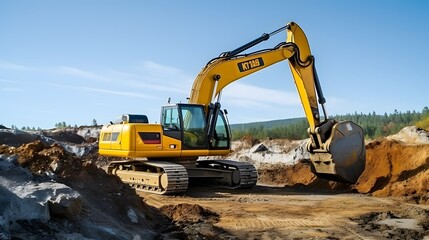 A large construction back hoe vehicle on a large rock pile with another construction vehicle working in the background. Sky is hazy to indicate dust and an active work site.