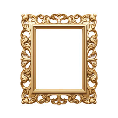 Antique carved gilded frame isolated on transparent background. Vintage golden rectangle frame for...