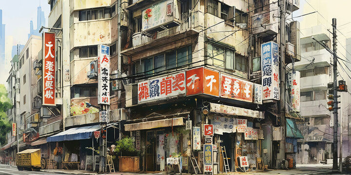 watercolor painting Tokyo See buildings and places as landmarks generative ai