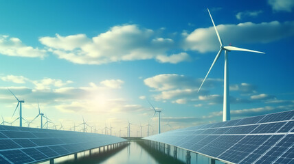 Fototapeta premium Wind turbine and solar panel in cloud sky.generative ai