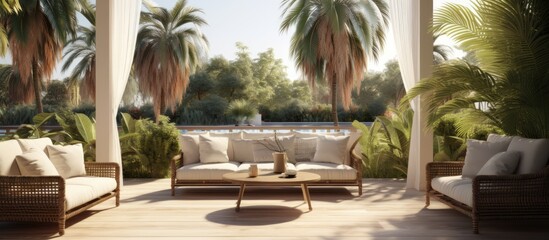 Obraz premium a sunny day on an exotic veranda patio with outdoor furniture shade gazebo and palm trees in the backyard garden