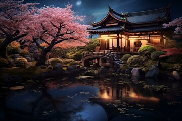 Traditional Japanese house lit by moonlight surrounded by cherry blossom trees. Generative AI