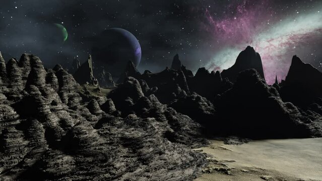Alien planet dramatic landscape dolly camera movement 3D render.