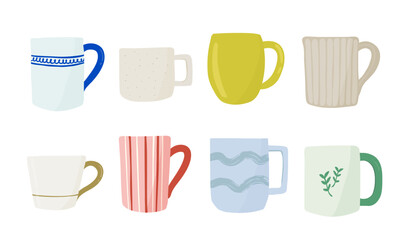 Collection of various cups and mugs. Hand drawn vector  illustration.