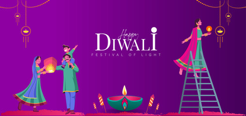 Indian Family Wearing Traditional Clothes Celebrating Diwali Festival. Indian festival of lights Design. Suitable for Greeting Card, Banner, Flyer, Template. 