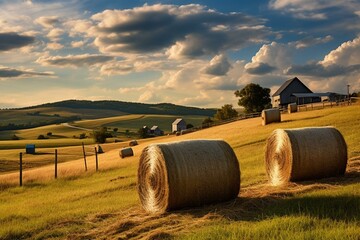 Scenic landscape of hay bales on hills with an Amish farmhouse in the background. Generative AI - obrazy, fototapety, plakaty
