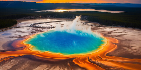 Bird's-eye view The World Famous Grand Prismatic Spring in Yellowstone National Park.generative ai