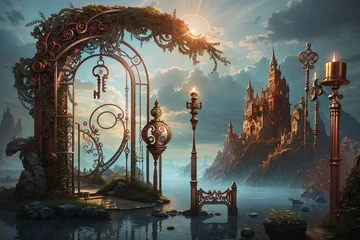 Foto op Canvas Unlock the doorway to fantasy and adventure with a vintage copper skeleton key. Surreal landscapes ignite your creativity.  © udayanga