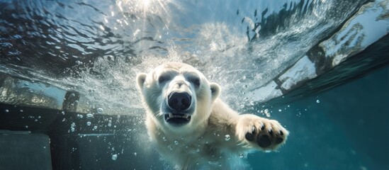 Polar bear swimming underwater in zoo aquarium represents climate change and endangered animals - obrazy, fototapety, plakaty