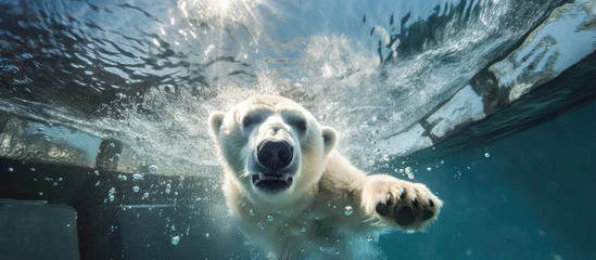 Keuken spatwand met foto Polar bear swimming underwater in zoo aquarium represents climate change and endangered animals © 2rogan