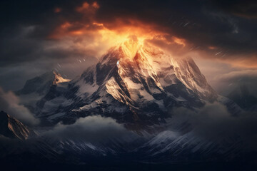 Mountain landscape with snow-capped peaks at sunset - obrazy, fototapety, plakaty