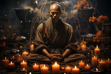 Tuinposter Shaolin monk in deep meditation, surrounded by candles and incense, evoking a sense of spiritual peace, Generative AI © Shooting Star Std