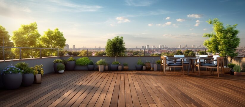 Large chic terrace with wooden flooring and decorative roof