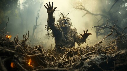 Zombies rise from the dead in a dark scary forest at night and pull their hands out of the ground for the Halloween holiday - obrazy, fototapety, plakaty