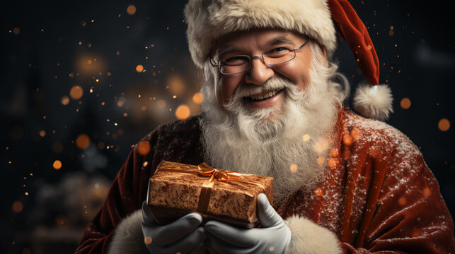 Santa Claus with a gift for New Year and Christmas