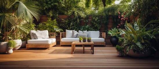 A stylish wooden terrace with wicker garden furniture plants and flowers a soothing place for a sunny summer day