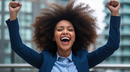 Excited cute african american business woman celebrating successful financial project results.