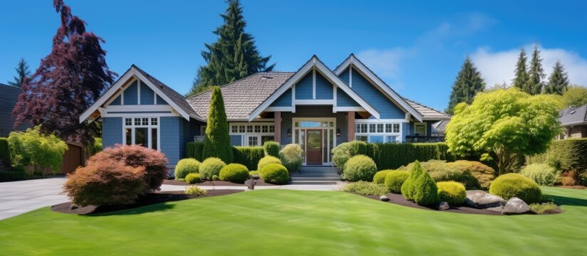 Luxurious house with craftsman style windows landscaped lot and vaulted entry captured in an exterior photo with blue sky and green foliage