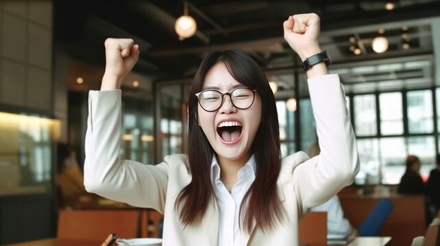 Excited cute asian business woman celebrating successful financial project results.generative ai